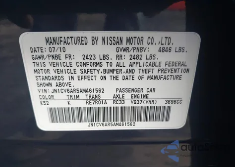 2010 Infiniti G37X z USA, uszkodzony, nr VIN JN1CV6AR5AM461562